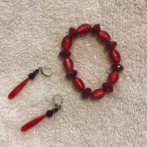 Antique Red Glass Bead Bracelet & drop earrings